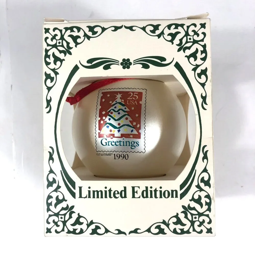 Vintage Limited Edition 1990 USPS 25 Cent Stamp Ornament, Greetings USA, Ball